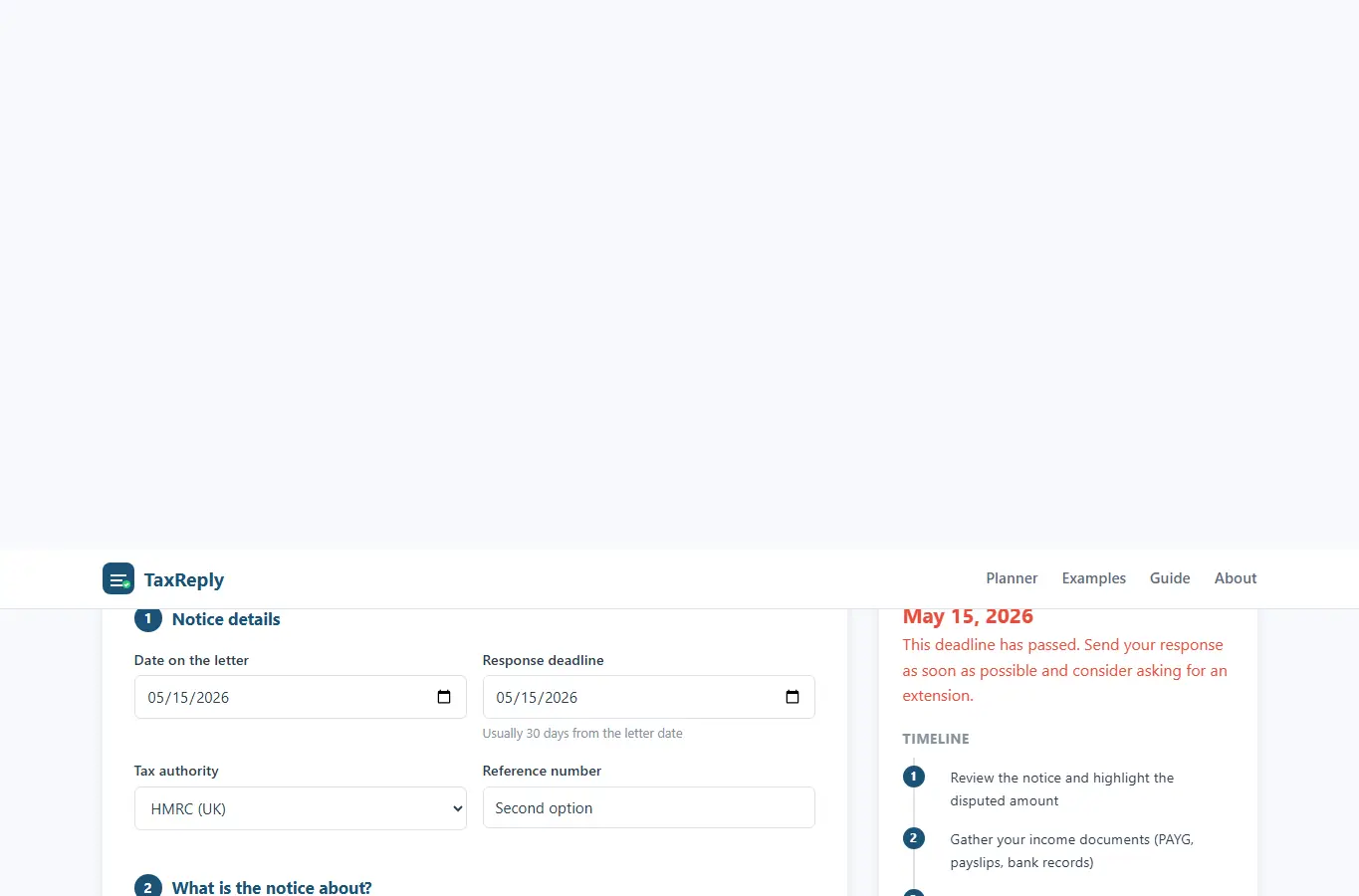 Screenshot of TaxReply: Letter & Penalty Response Planner interface showing the project page in use